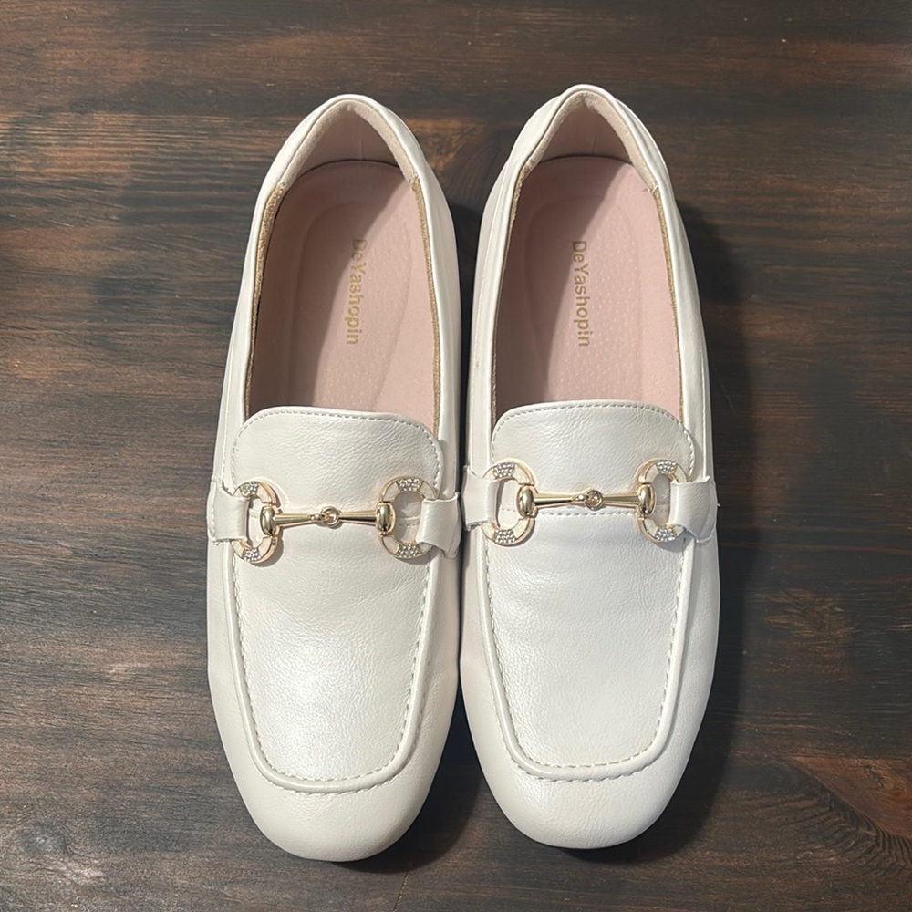 Cream Slip-On Loafers with Gold Hardware